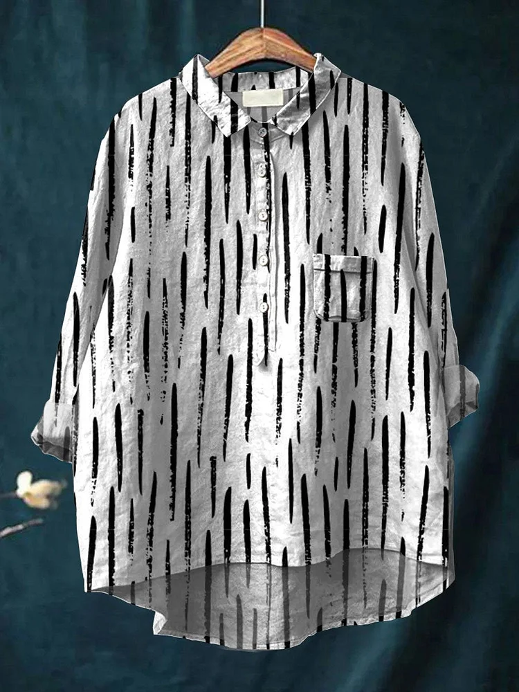 Women's Stripe Art Print Casual Cotton And Linen Shirt