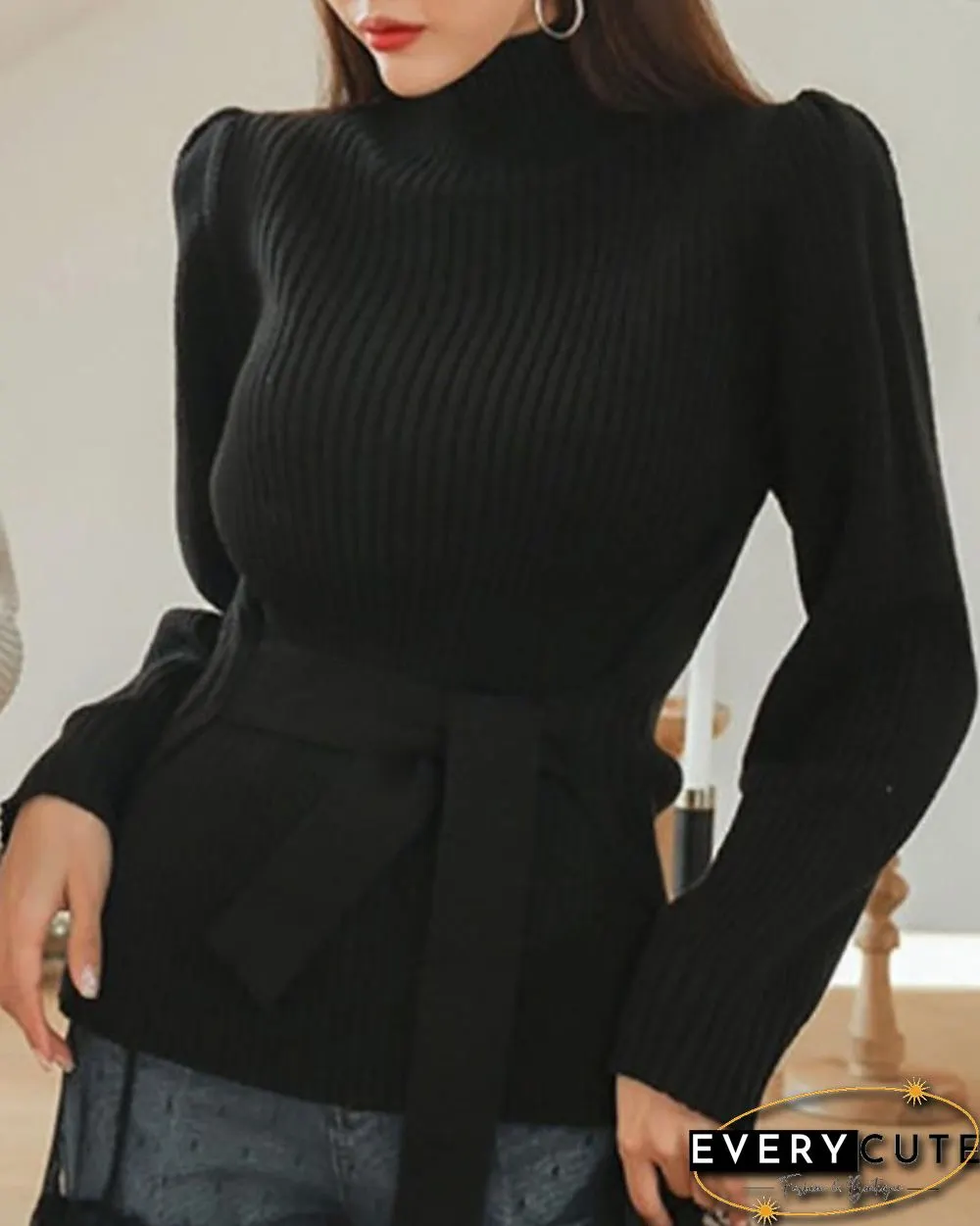 High Neck Puff Sleeve Tied Detail Sweater