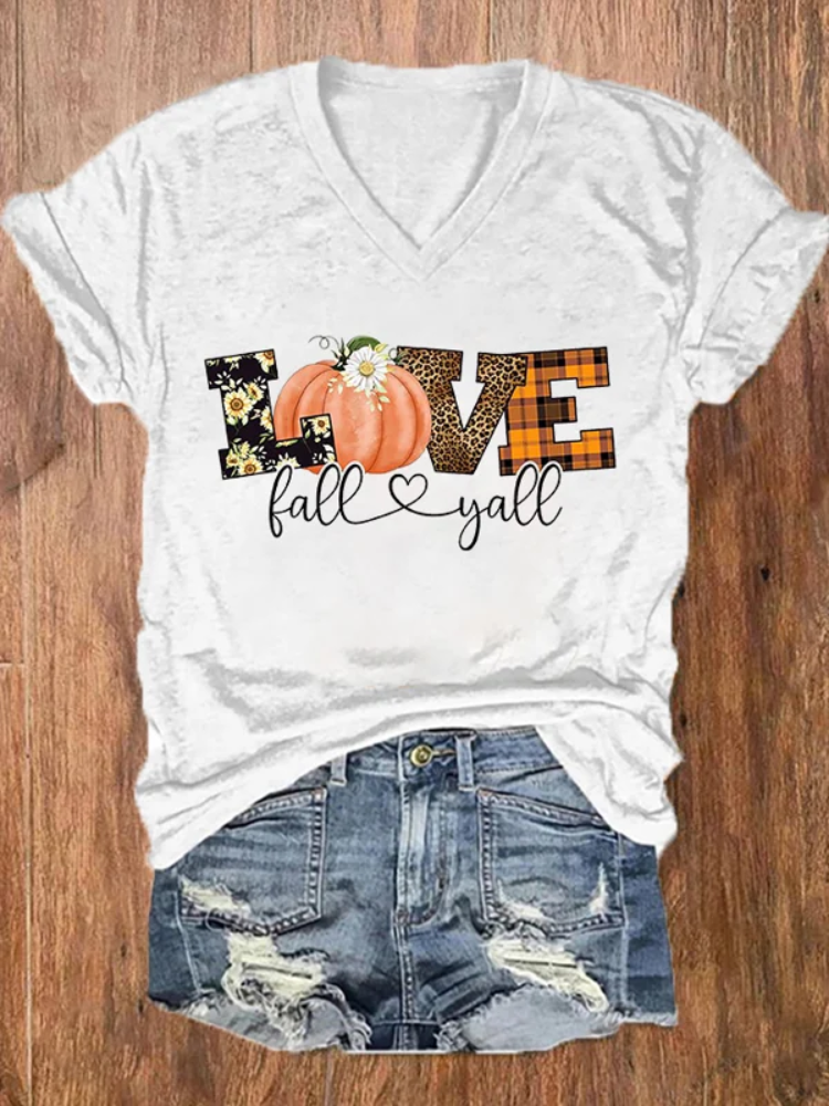 Women's Love Fall Y'all Print V-Neck Tee