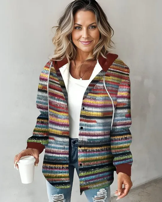 Colorful knitted hooded sweater styled as a casual statement layer