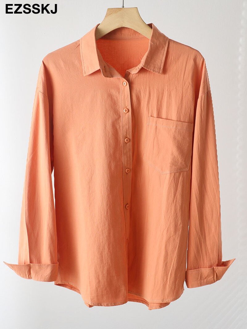 2022 New Pockets Casual Loose Cotton Blouse Shirt White Blouse Female Spring Summer Women Large Size Shirt