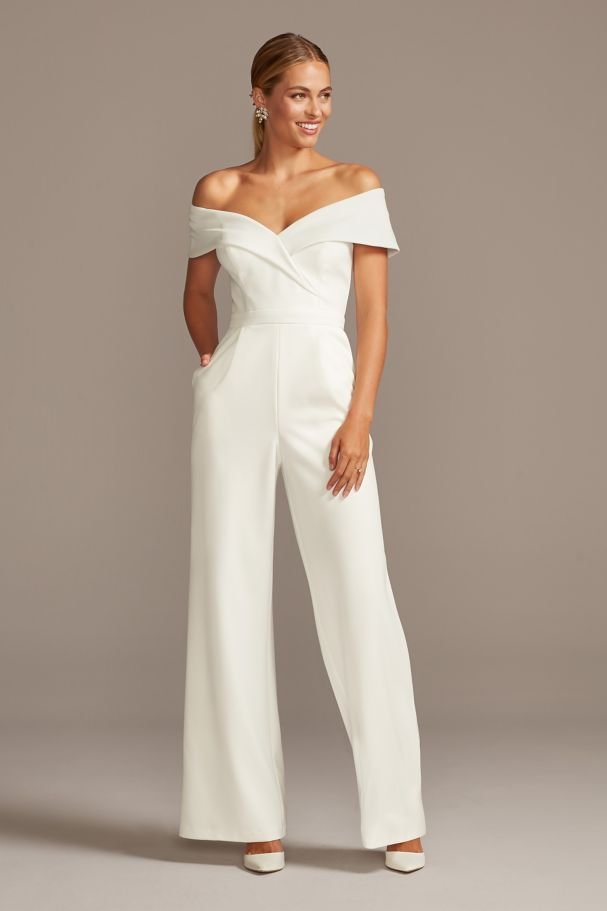 Okdais White Cuffed Off-the-shoulder Stretch Crepe Jumpsuit JP0029