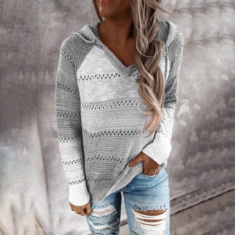 Autumn Women Patchwork Hooded Sweater Long Sleeve V-neck Knitted Sweater Casual Striped Pullover Jumpers 2021 New Female Hoodies