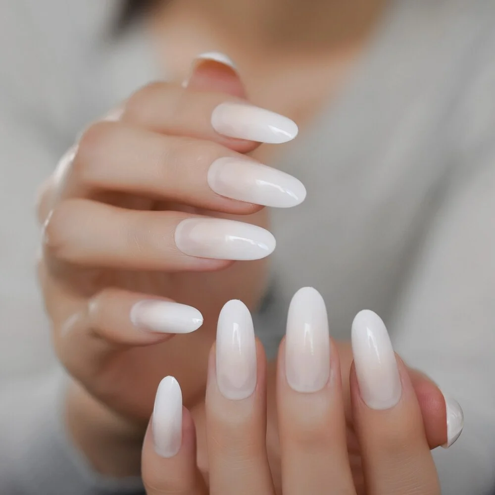 Long Coffin French Tip Fur Color Nude Faux Ongles White Smile Line Decoration Ballerina False Nails 24 Ct-Nail Inspo
