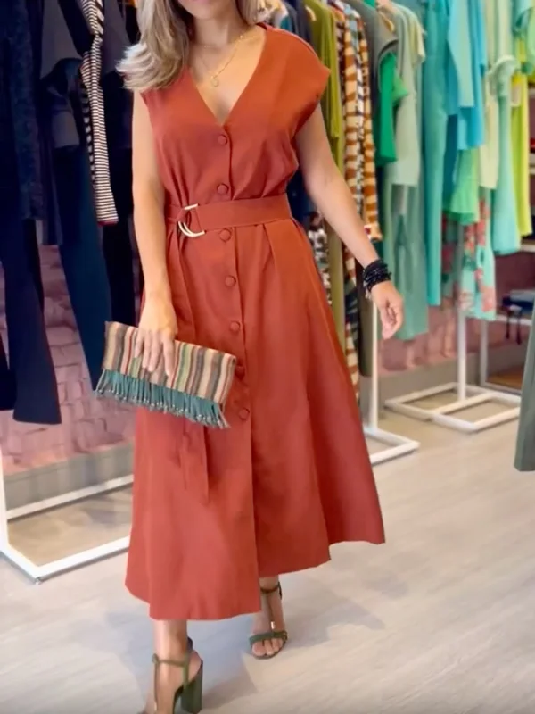 Buttoned Solid Color Loose Short Sleeves V-Neck Midi Dresses