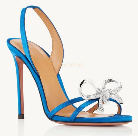 VCSHOES Black Green Blue Bling Bow Tie Crystal Front High Heel Sandals 10 CM Thin Heel Slingback Classic Wedding Shoes