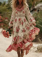 Women's Romantic Rose Embroidery Art Comfy Knitted Maxi Dress