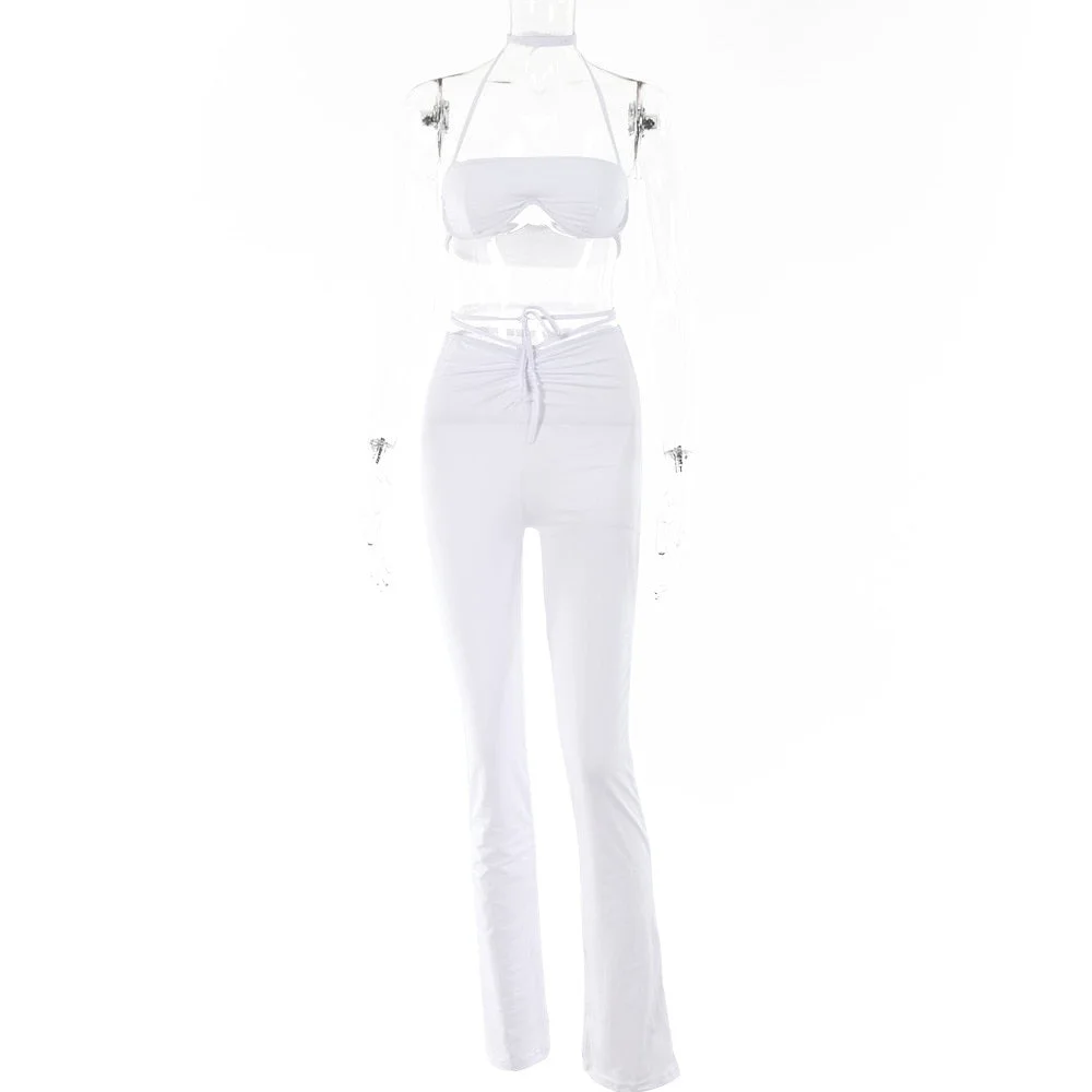 Articat Black Sexy Sleeveless Two Pieces Sets Women Halter Bandage Crop Top Flare Pants Slim Matching Set Backless Club Outfits