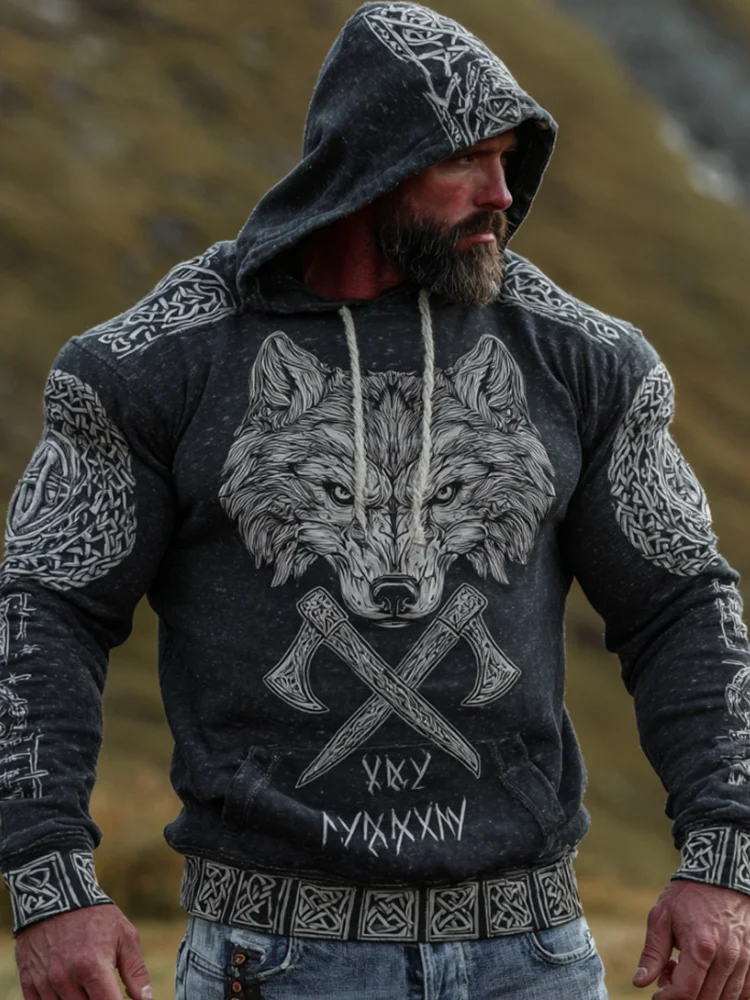 Viking Style Wolf And Axe Celtic Knot Character Thickened Washed Hoodie