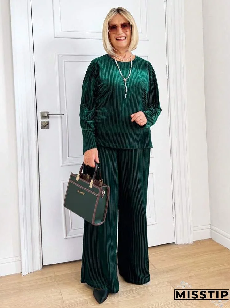 1set Women Velvet Stripe Top & Loose Pants, Olive Green, Suitable For Christmas, Autumn/Winter