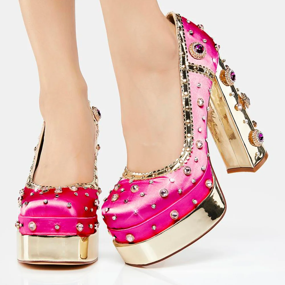 Fuchsia Square Toe Diamond Pumps Platform Heels