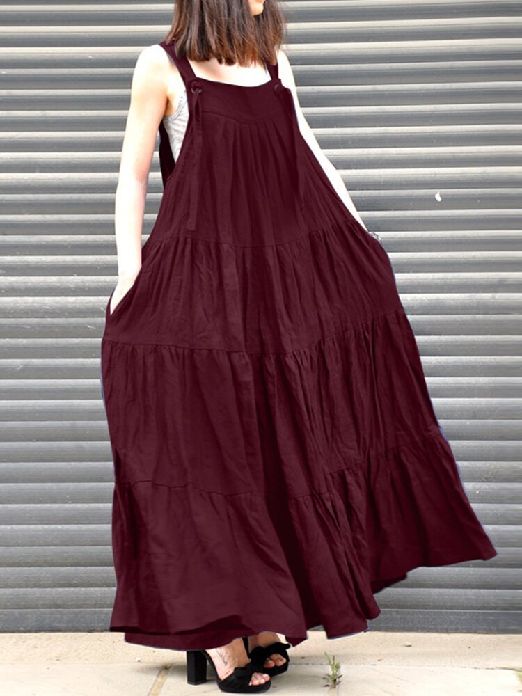 Solid Pleated Pocket Ruffle Knotted Casual Maxi Dress - BlackFridayBuys