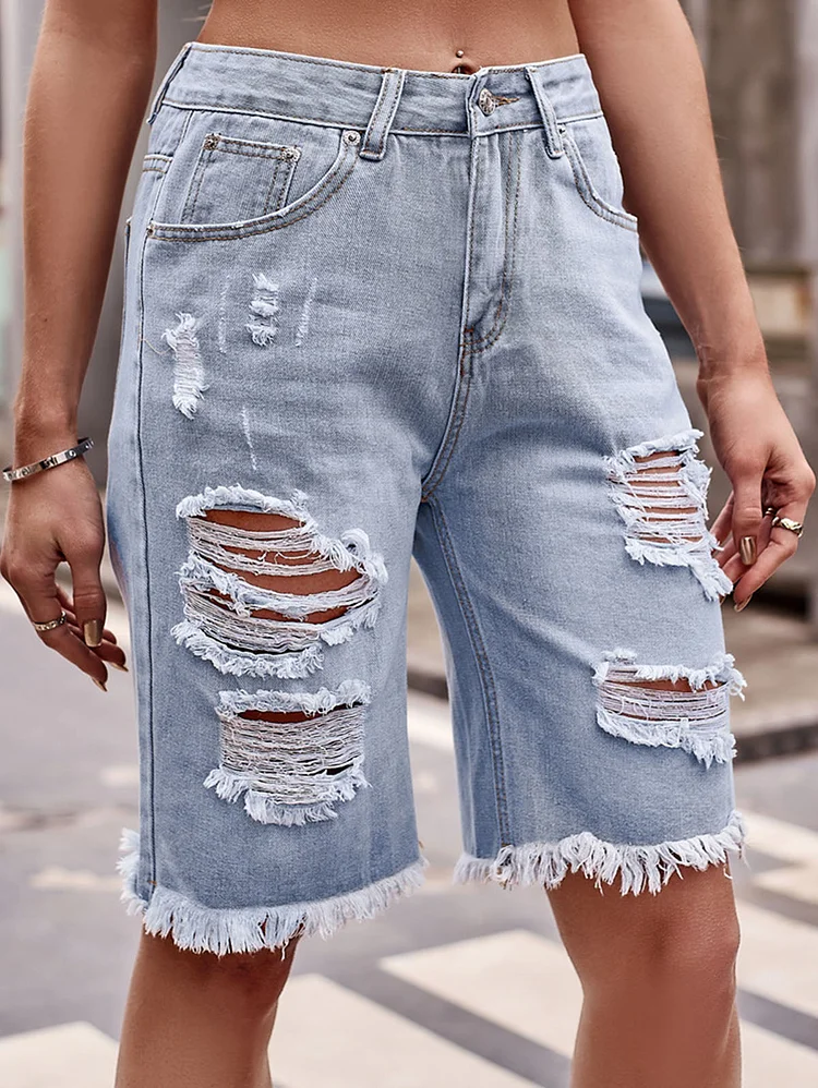 Casual Plain Pocket Ripped Denim Raw Hem Straight Shorts