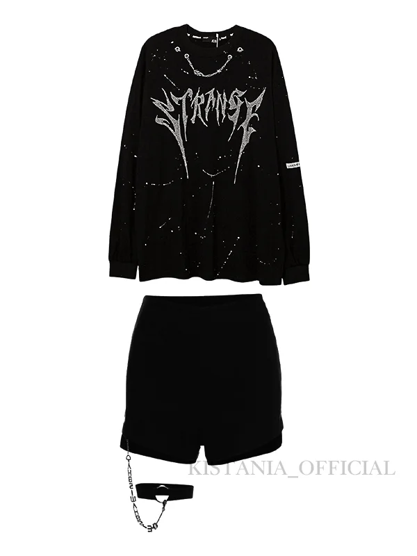 Gothic Graphic Loose Sweatshirt+Solid Color Tight Paneled Metal Chain Shorts 2 piece set
