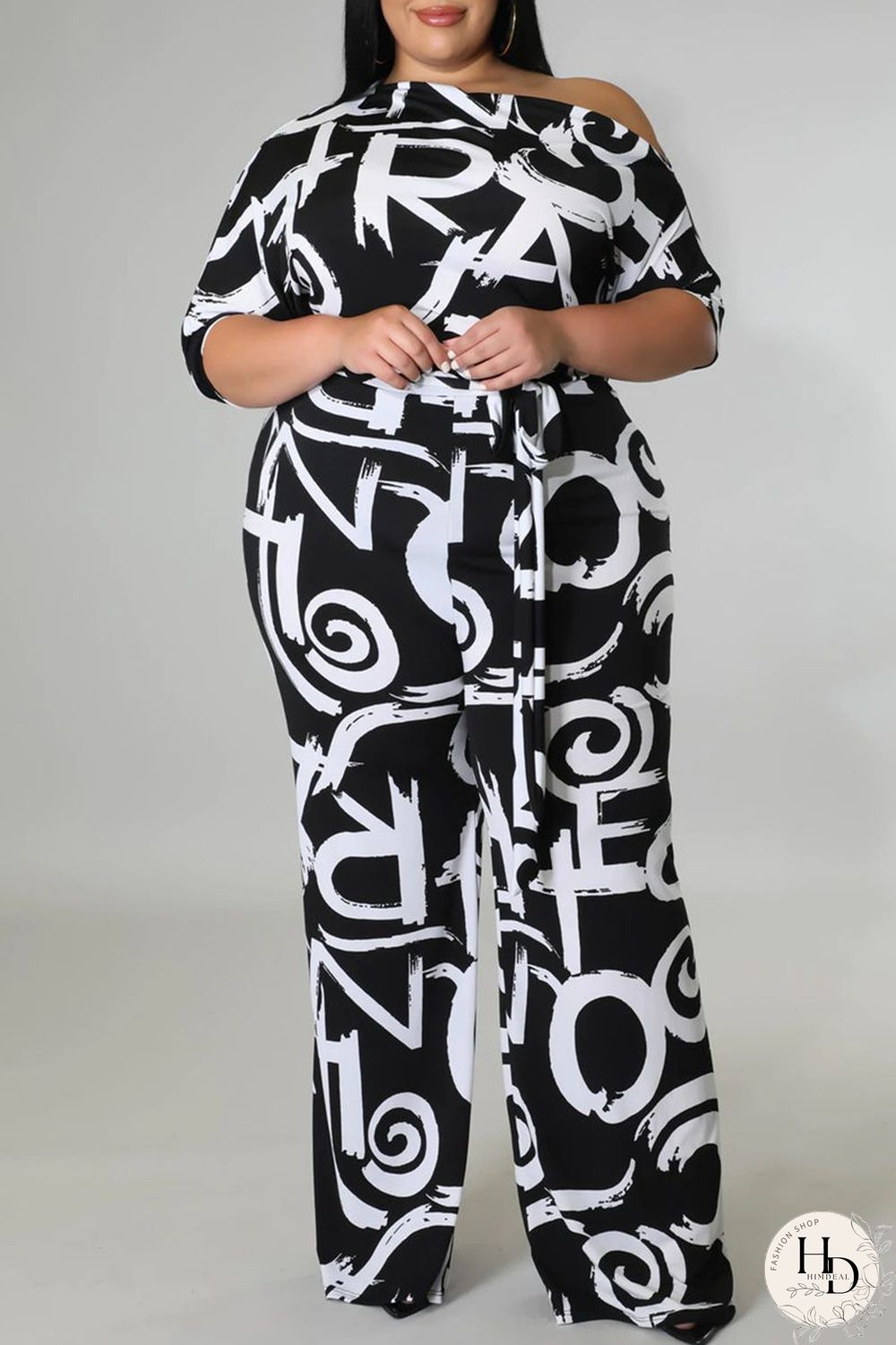 Black And White Fashion Casual Print Basic Oblique Collar Plus Size Jumpsuits