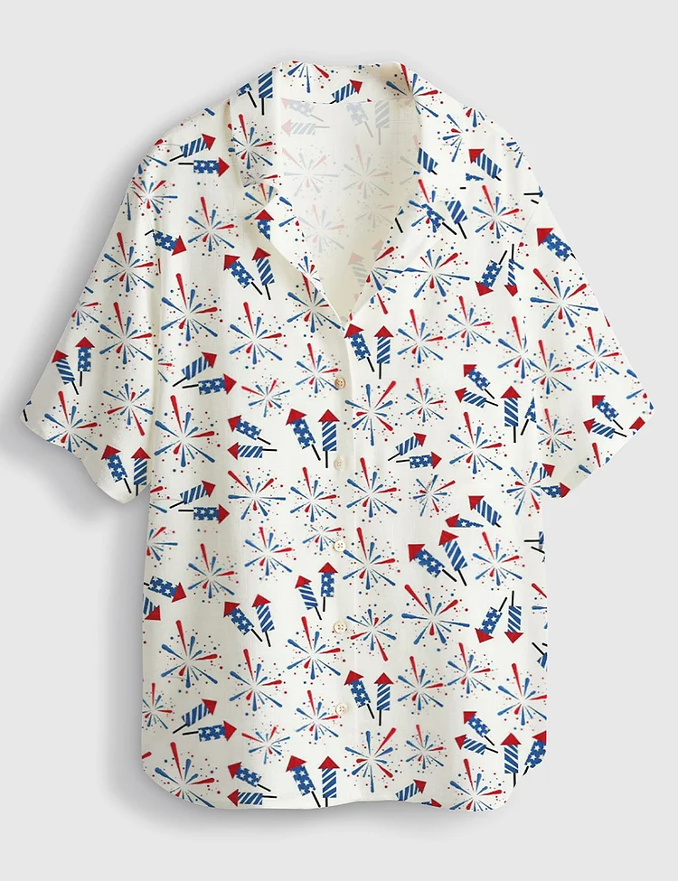 Women&rsquo;s Fireworks 4th Of July Short Sleeve Linen Blend Hawaiian Shirt
