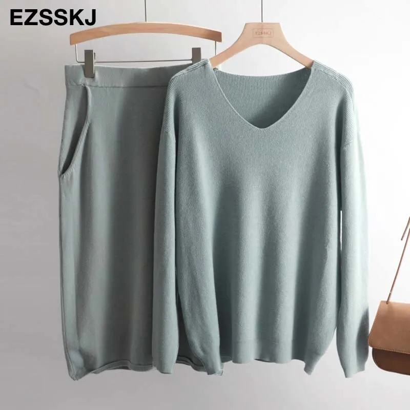 v-neck lazy oversize Sweater suit dress women casual loose sweater +straight skirt with pocket  feamle sweater set dress