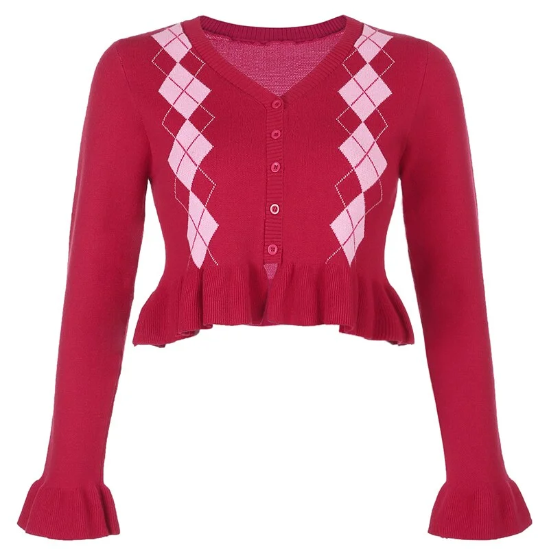 Argyle Plaid Y2K Knitted Cardigans for Women Autumn V-neck Aesthetic Harajuku Sweaters Long Sleeve Korean Knitwear Cuteandpsycho