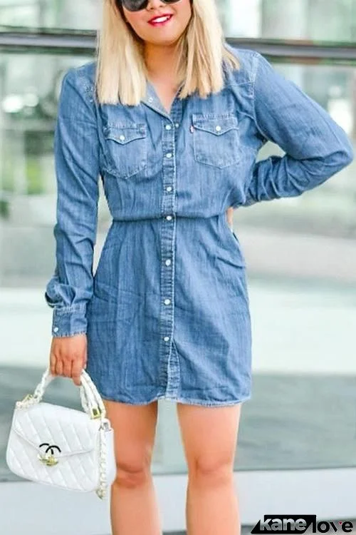 Drawstring Button Long Sleeve Denim Dress