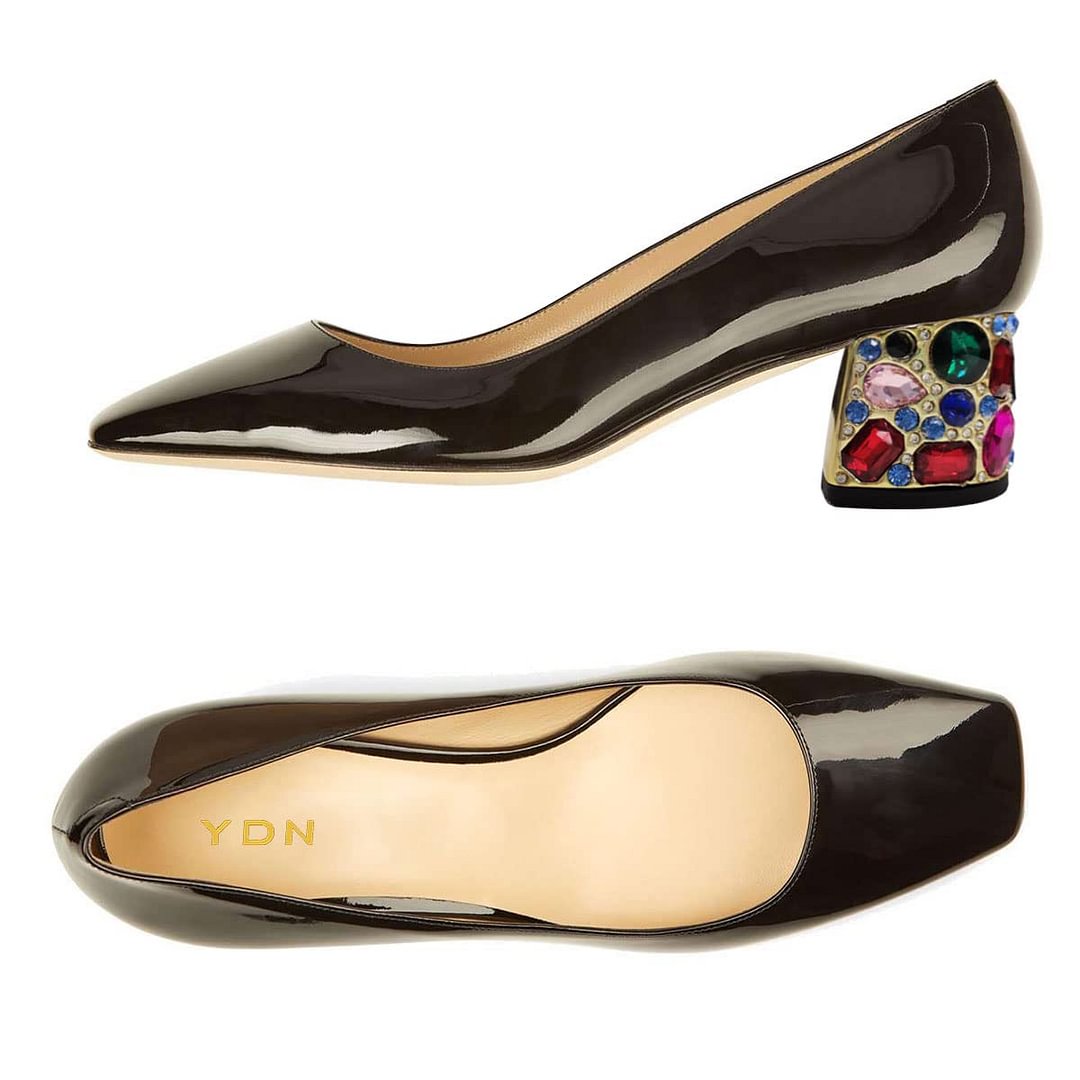 Women's Patent Leather Square Toe Rhinestone Block Heel Black Pumps