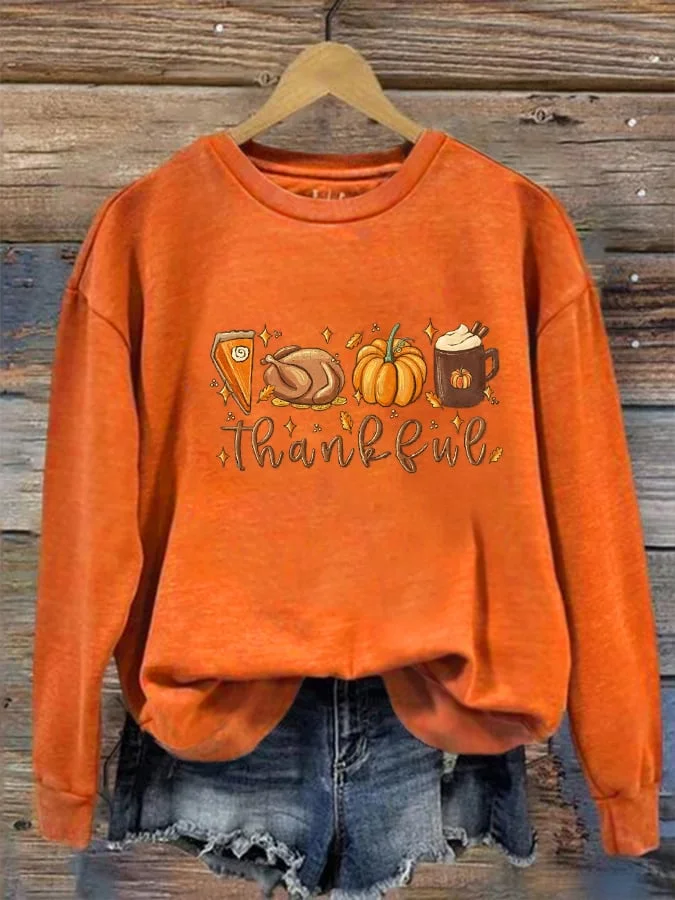 Women's Thankful Pumpkin Pie Thanksgiving Bible Turkey Leaves Fall Autumn Printed Sweatshirt
