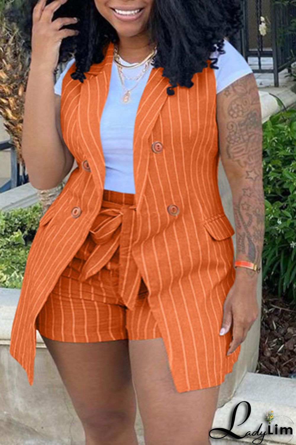 Black Fashion Casual Striped Print Patchwork Cardigan Turndown Collar Plus Size Two Pieces (Without T-shirt)