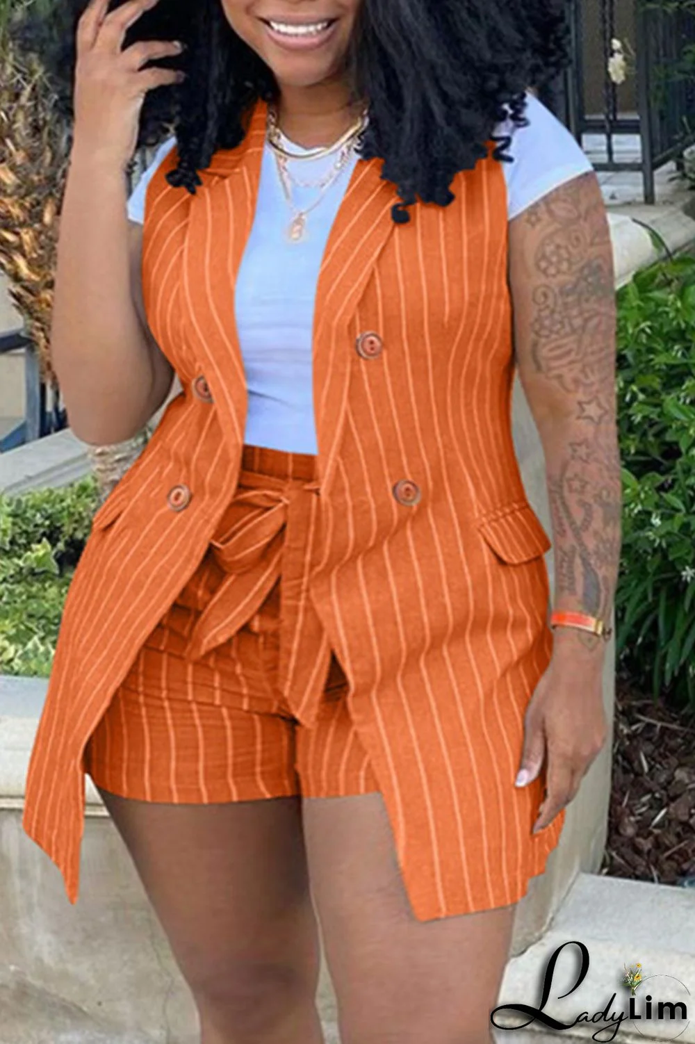 Black Fashion Casual Striped Print Patchwork Cardigan Turndown Collar Plus Size Two Pieces (Without T-shirt)