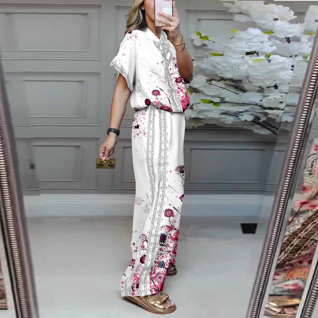 Women Floral,Pink,Blue DZDL1198 V-neck Short Sleeve Blouse and Pants Set