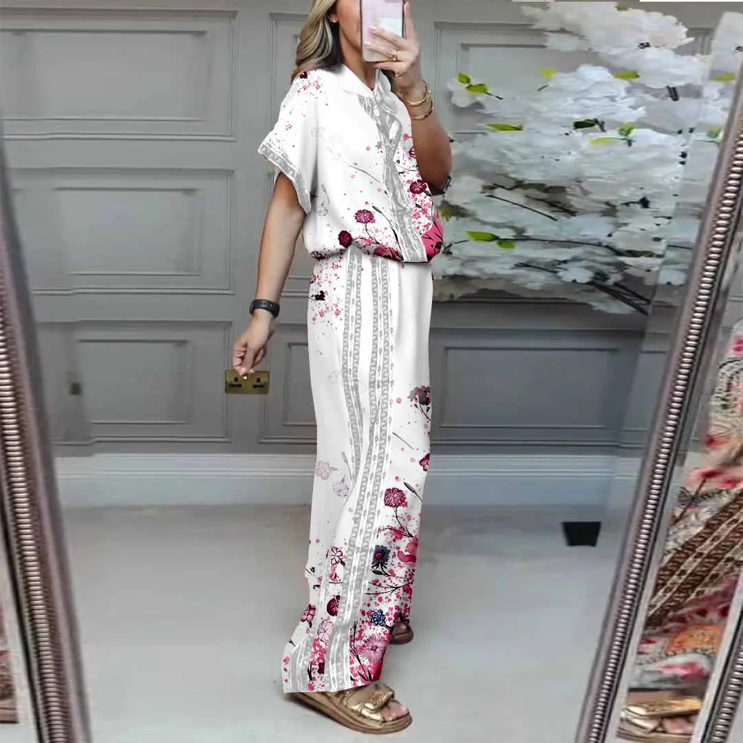 Women Floral,Pink,Blue DZDL1198 V-neck Short Sleeve Blouse and Pants Set