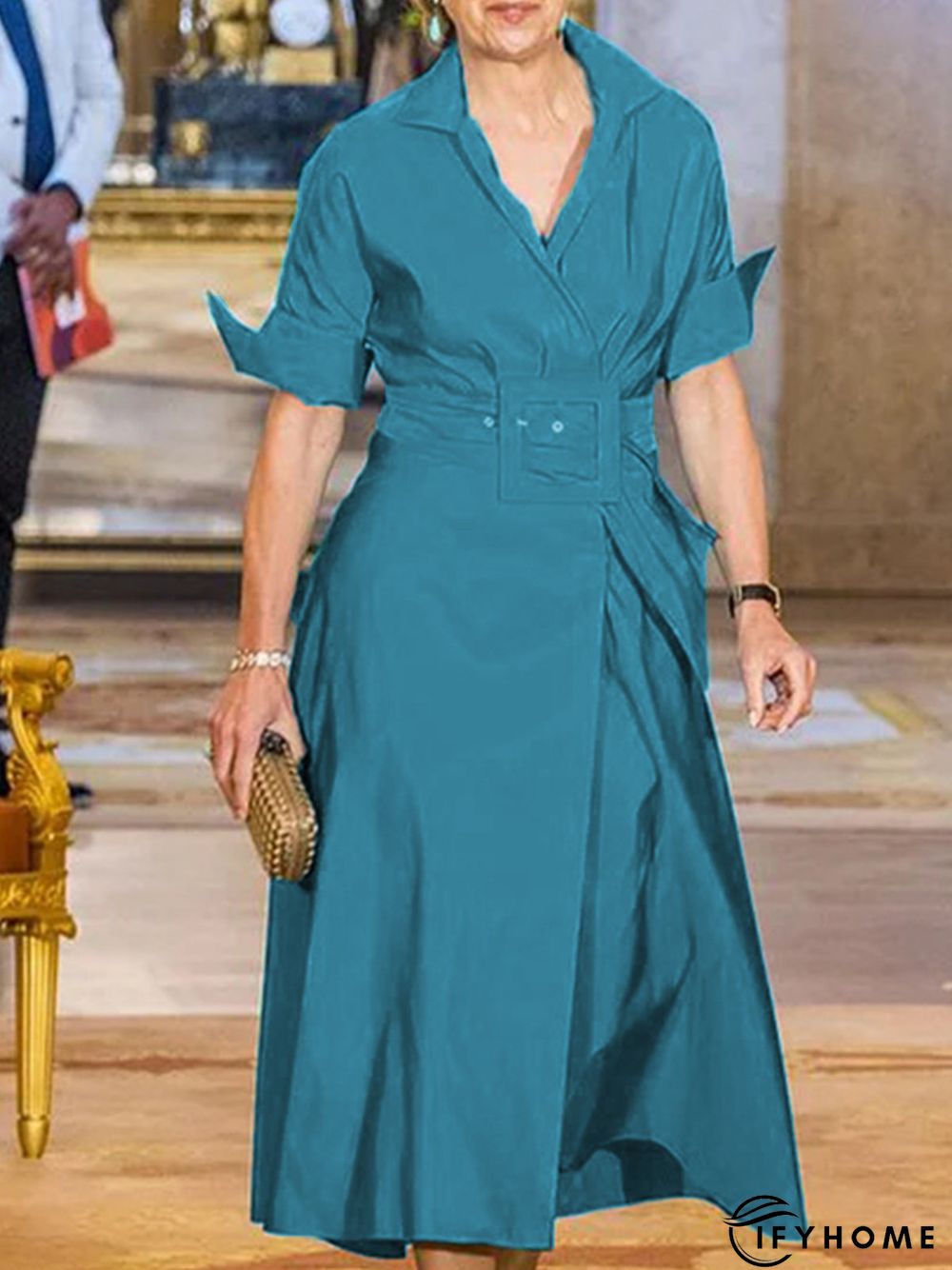 Cotton Elegant Shirt Collar Solid Dress With Belt | IFYHOME