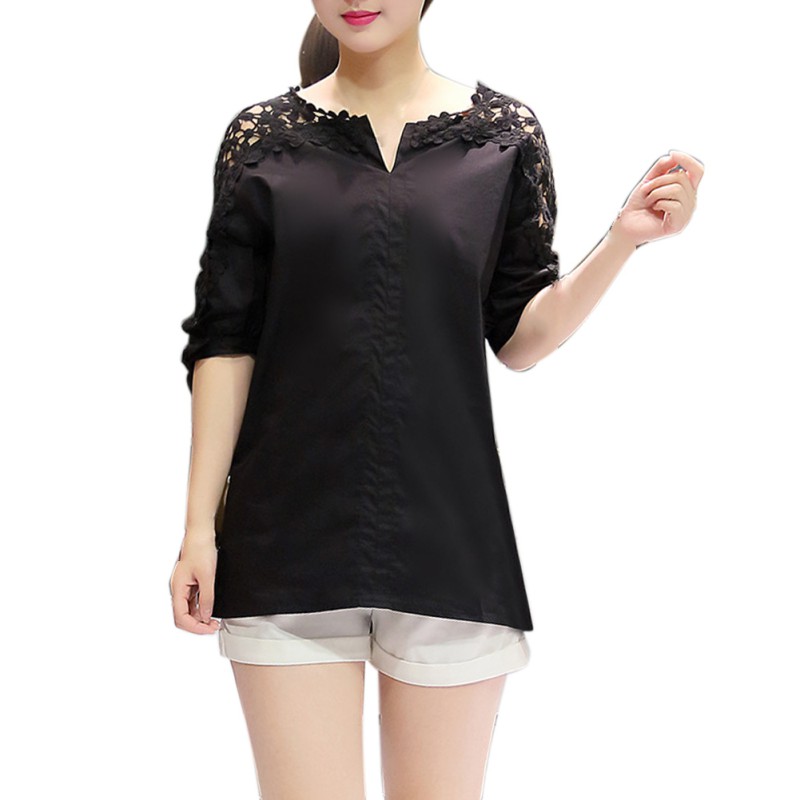 Women Lace Stitching Shirt Solid V-neck Simple Black Chiffon Decoration Hollow Out Top Office Lady Blouse