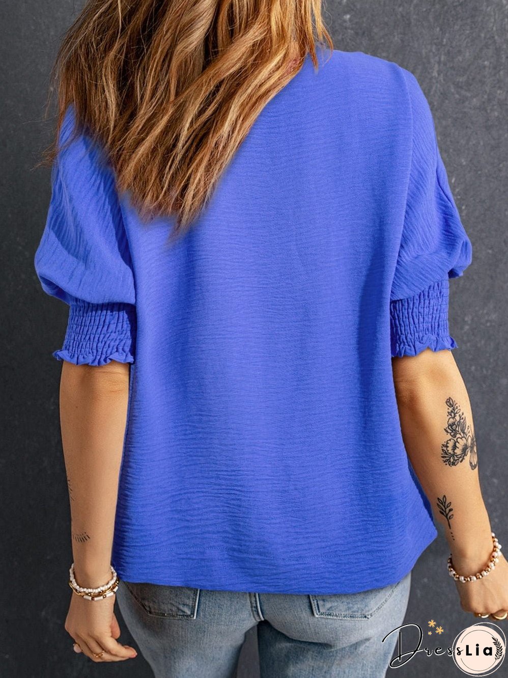 Navy Blue Collared Smocked Sleeve Cuffs Loose Fit Blouse