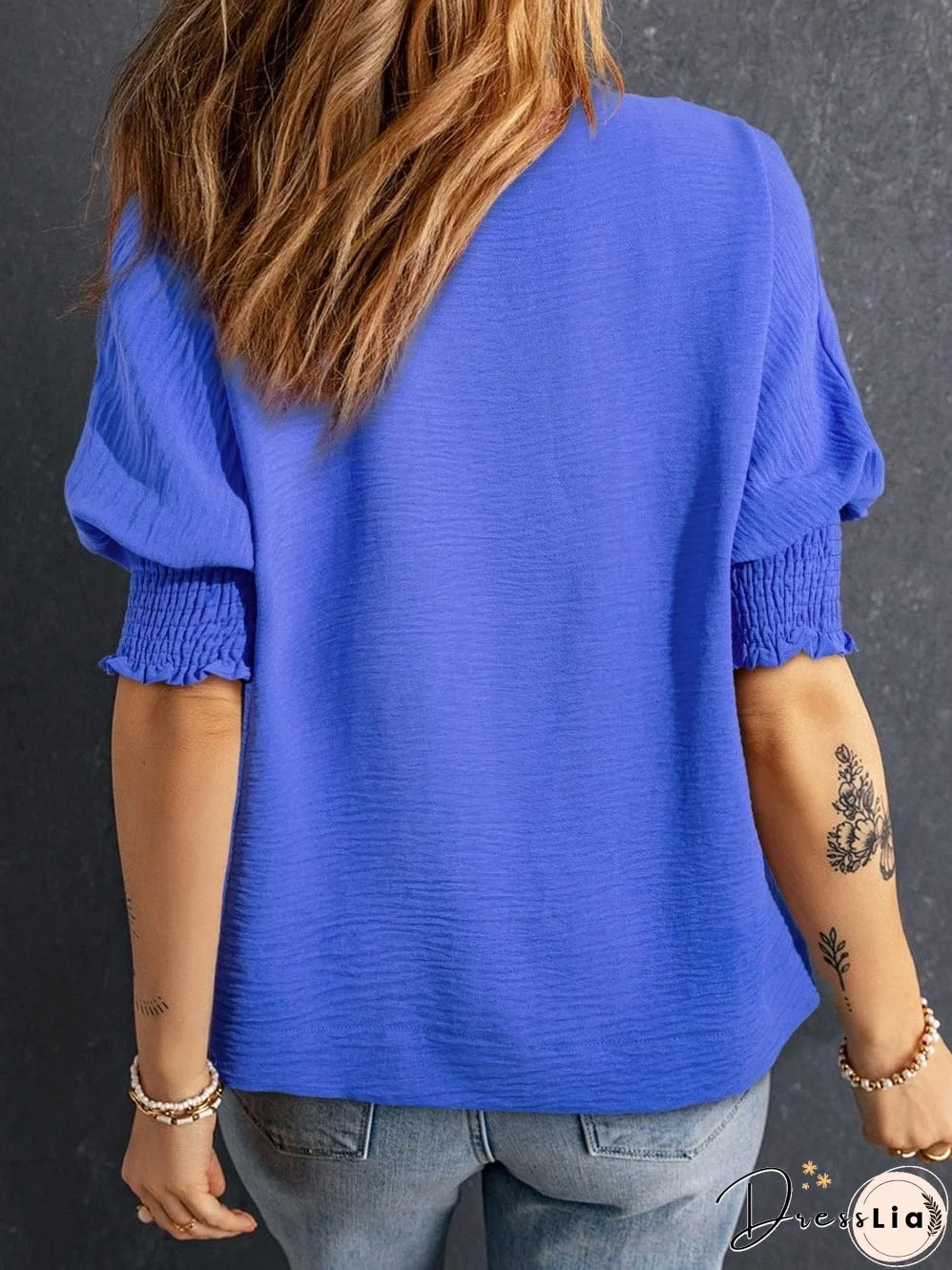 Navy Blue Collared Smocked Sleeve Cuffs Loose Fit Blouse