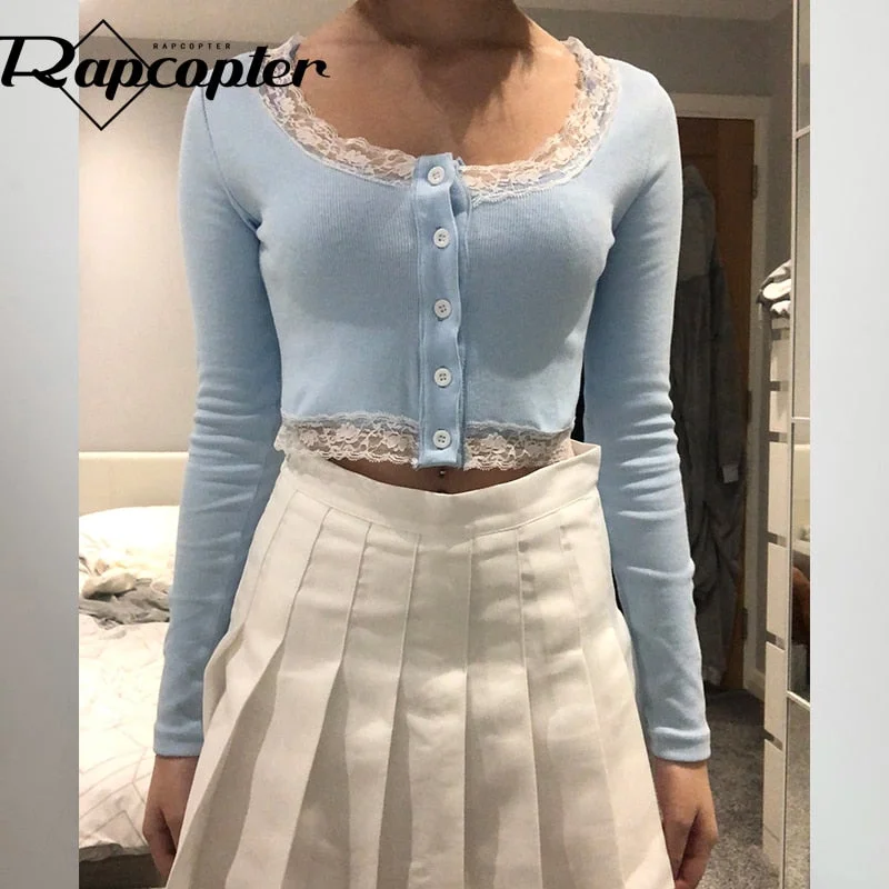 Rapcopter Lace Patchwork Crop Top Women T Shirts Knitted Slim Tee Tops Button Cardigan Blue Cute Tshirt Autumn Long Sleeve Tops