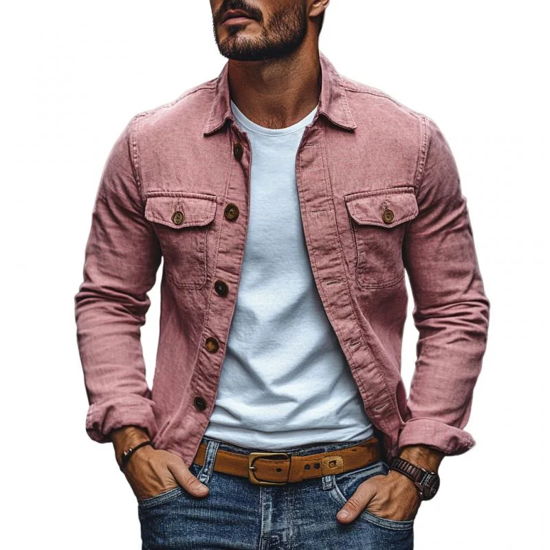 Men's Casual Cotton Linen Lapel Single-breasted Slim-fit Long-sleeved Shirt
