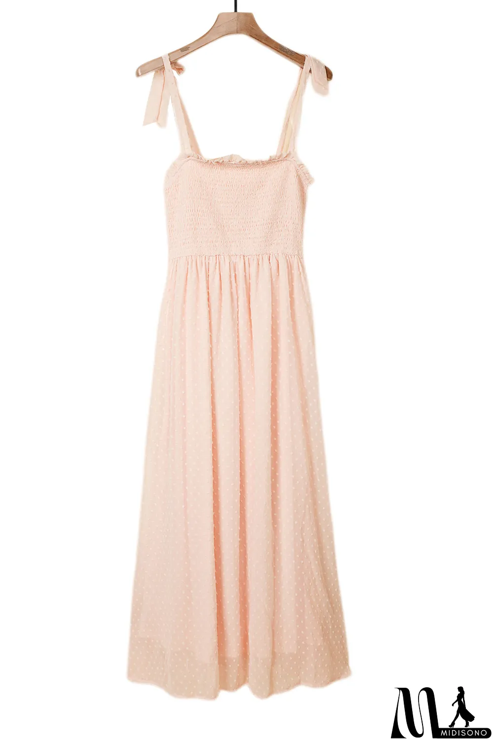 MidiSono - Beige Smocked Swiss Dot Maxi Dress