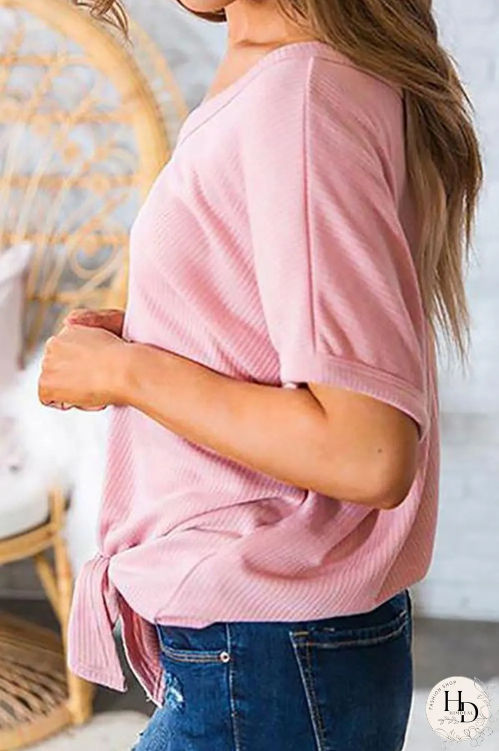 Plus Size Knot Solid Color V-Neck Short Sleeve T-Shirt
