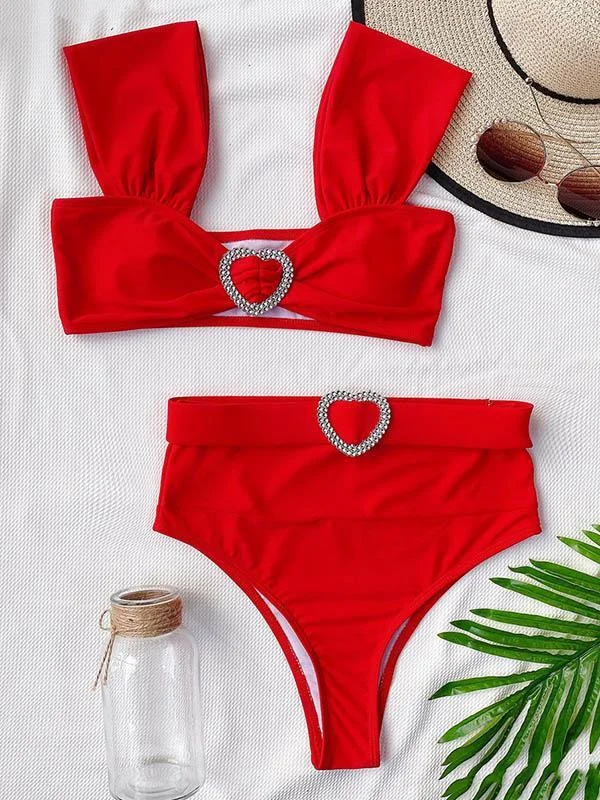 Solid Color Gorgeous Embellished Belted Short Sleeve Split Bikini Swimsuit
