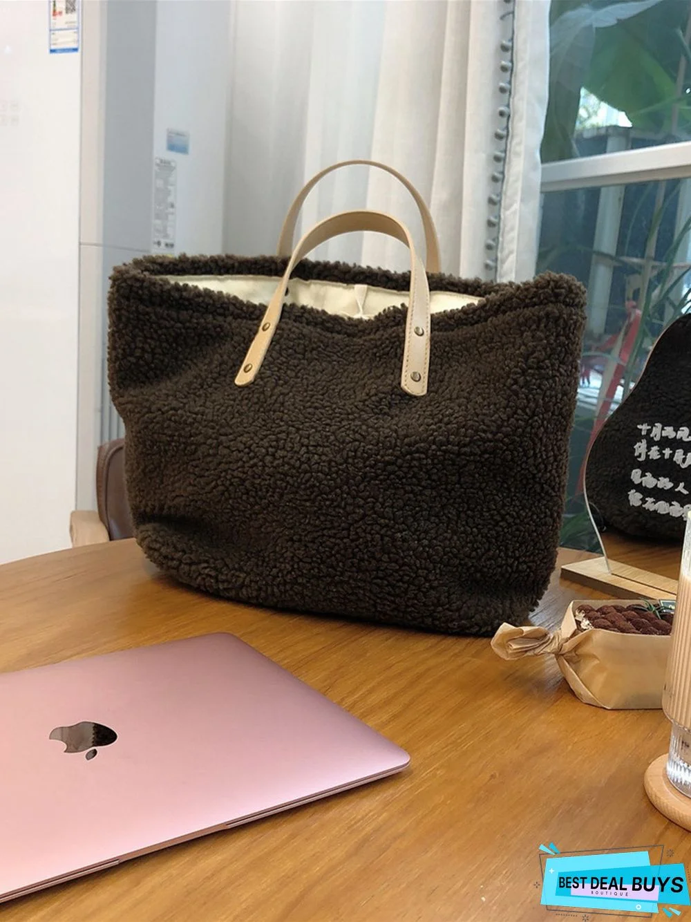 Pure Color Lambswool Large Capacity Handbag