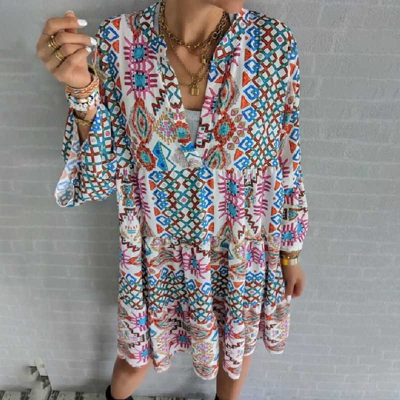Boho V-neck Print Mini Dress wearshes