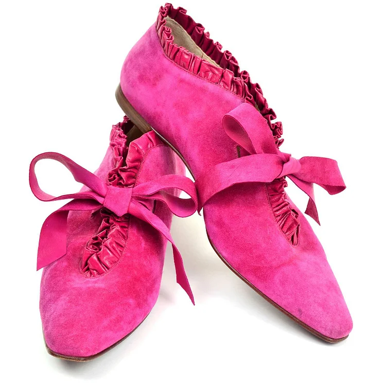 Hot Pink Suede Ruffle Square Toe Flat Casual Shoes for Women |FSJ Shoes