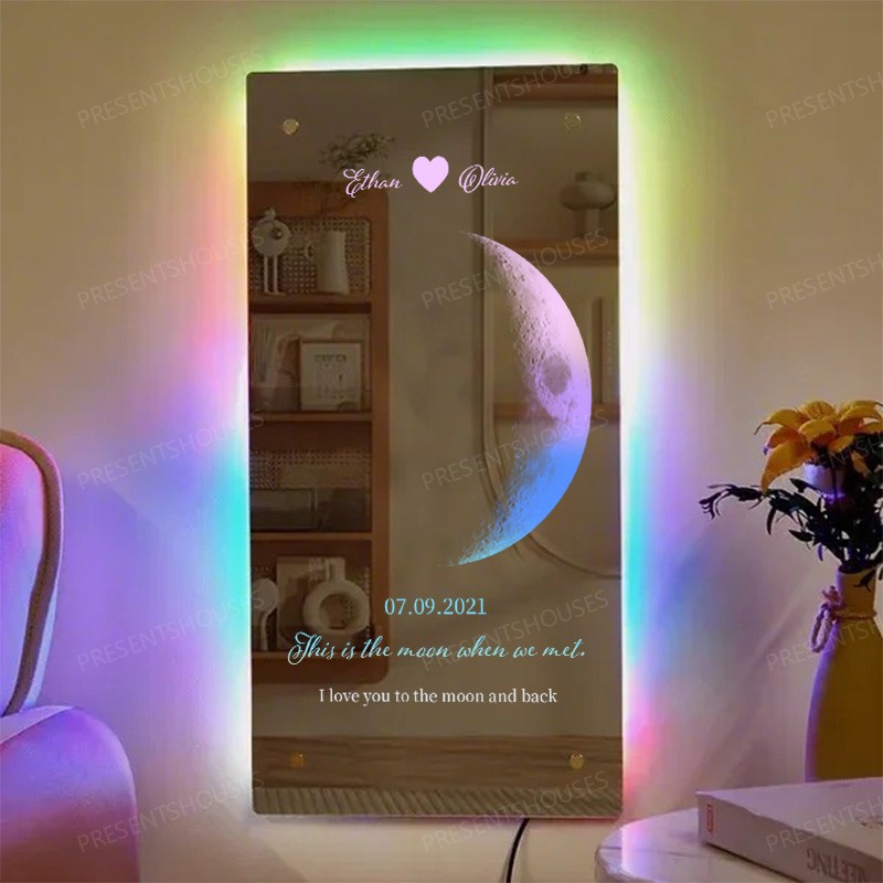 Custom Couple Moon Phase LED Mirror Light | Engraved Anniversary Date Constellation Wall Decor | Dimmable Bedroom Lighting with Astronomical Chart Design