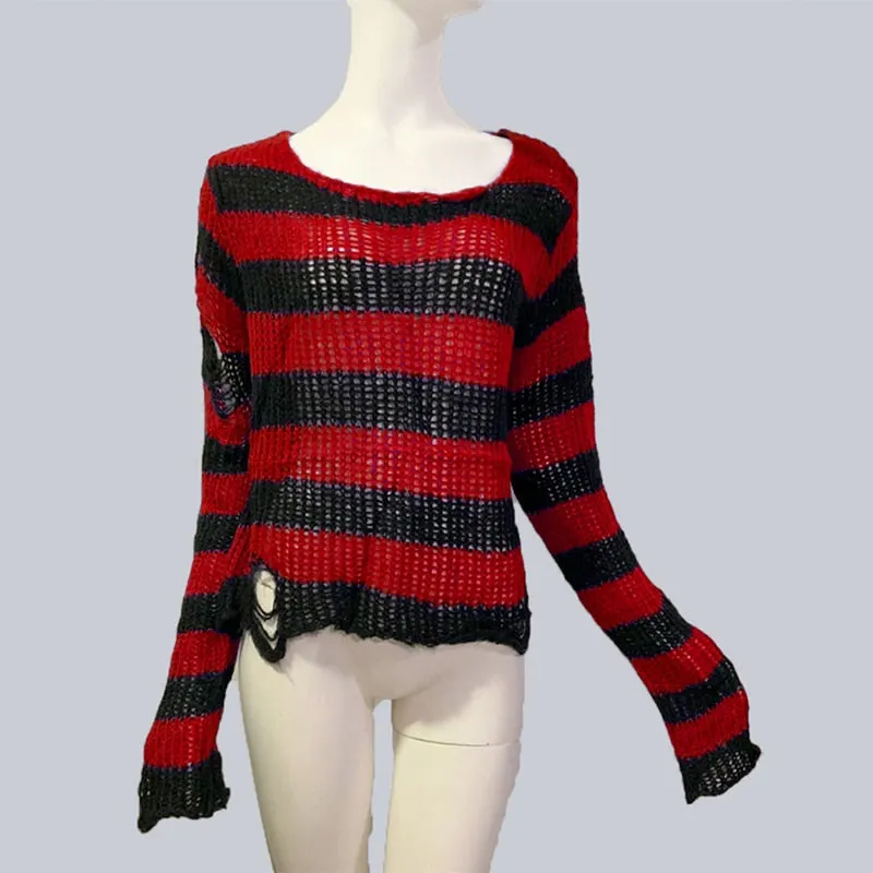 Plus Size Punk Gothic Long Unisex Sweater Dress Women Man Striped Cool Hollow Out Hole Broken Jumper Loose Rock Thin Sweter 2021