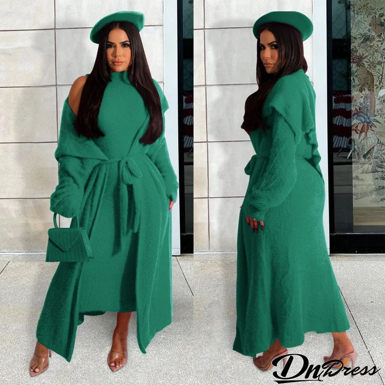 Autumn And Winter Women Fashion Solid Color Plush Dress Long Coat Lace-Up Two-Piece Set