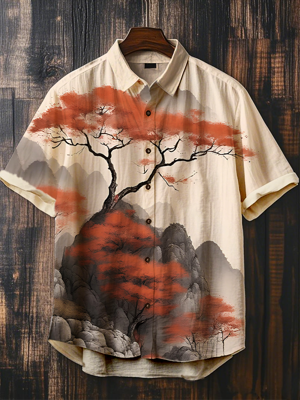 Men's Tree Standing On The Cliff Japanese Art Print Short Sleeve Shirt