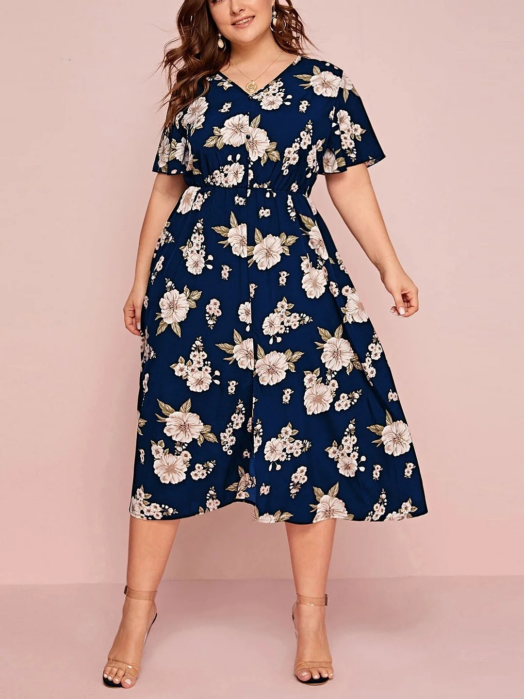 Women's Short Sleeve V-neck Graphic Floral Printed Midi Dress