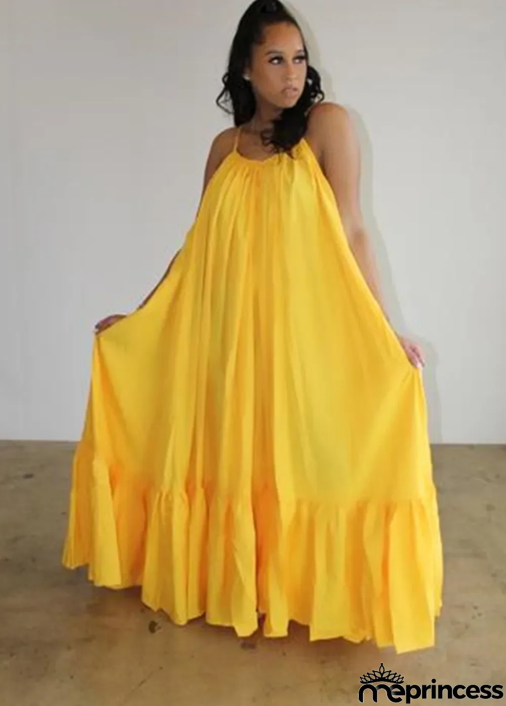 Women Summer Yellow Strap Solid Color Boho Swing Long Maxi Dress