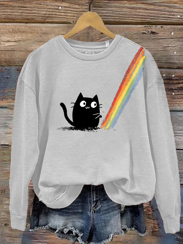 Comstylish Rainbow-playing Kitten Fun Round-neck Long-sleeved Sweatshirt