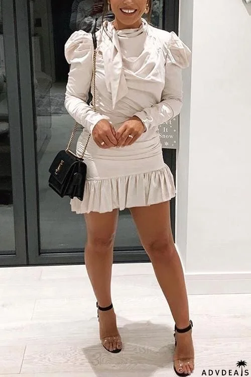 Flounced Lace-up High Neck Mini Dress