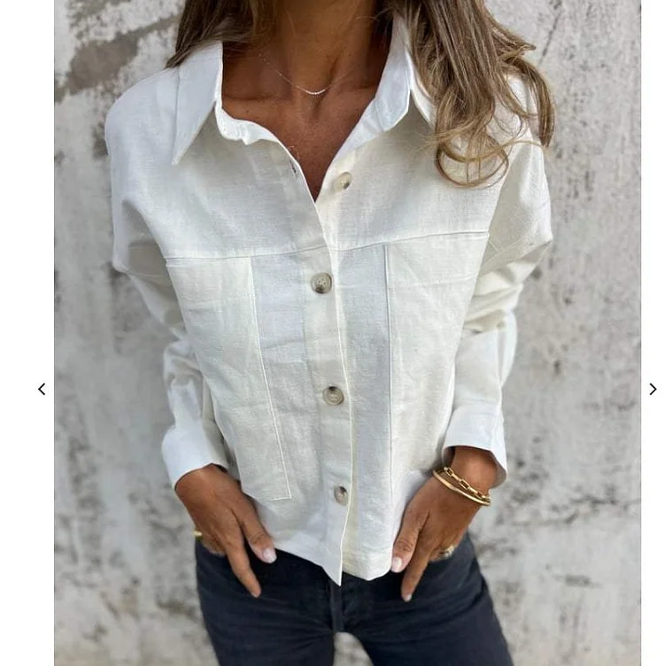 (BUY 2 FREE SHIPPING)Women's Cotton-Linen Blend Double-Pocket Blazer-Style Shirt with Turn-Down Collar